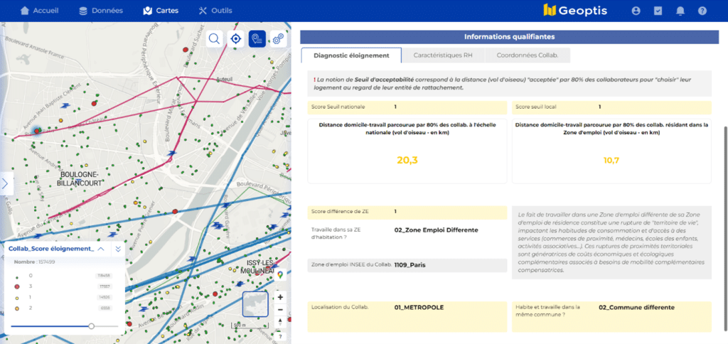 Carte et diagnostic montrant l'éloignement des salariés par rapport à leur lieu de travail, utilisé pour élaborer un plan de mobilité employeur efficace.