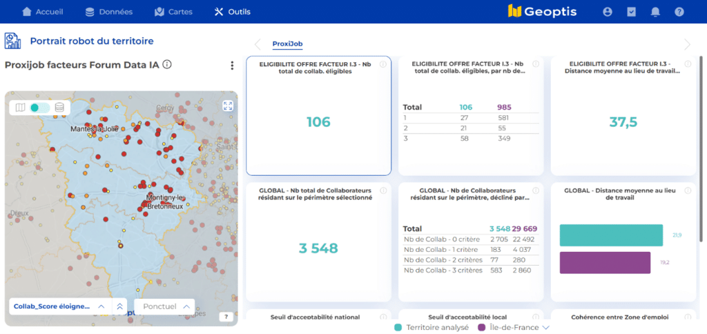 Carte interactive montrant l'éligibilité des collaborateurs pour une offre d'emploi dans le cadre du plan de mobilité employeur, avec des indicateurs de distance moyenne au lieu de travail et nombre de collaborateurs par zone