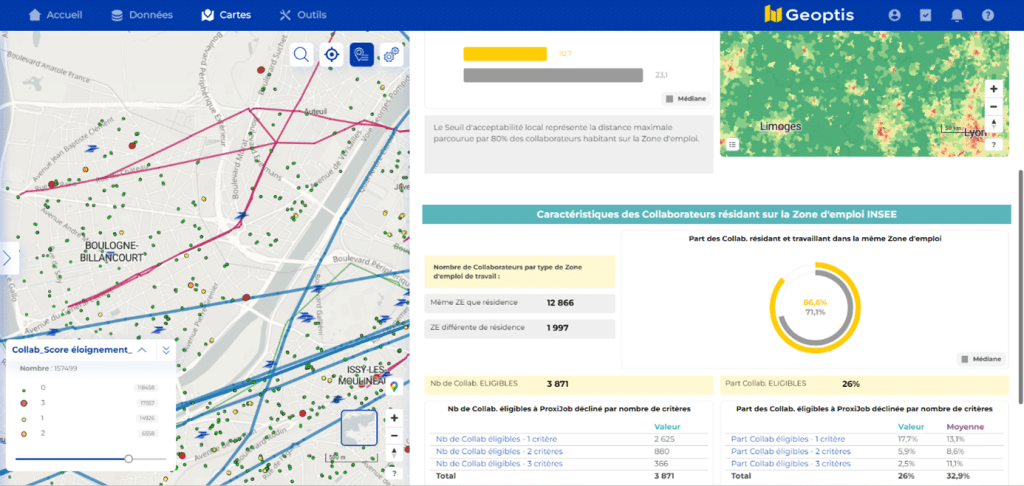 Carte et tableau montrant l'éloignement des salariés par rapport à leur lieu de travail, utilisé pour évaluer et optimiser le plan de mobilité en entreprise